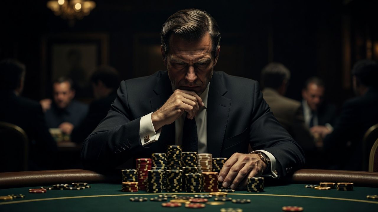 A dramatic shot of an intense poker player in deep thought at a high-stakes <span class="glossary-term-inline" data-glossary-term="Final Table" data-glossary-def="Il tavolo finale di un torneo. Dove si decidono i premi veri.">final table</span>, dark ambient casino atmosphere with subtle gold highlights, tall chip stacks in front, photorealistic, no text, no logos.