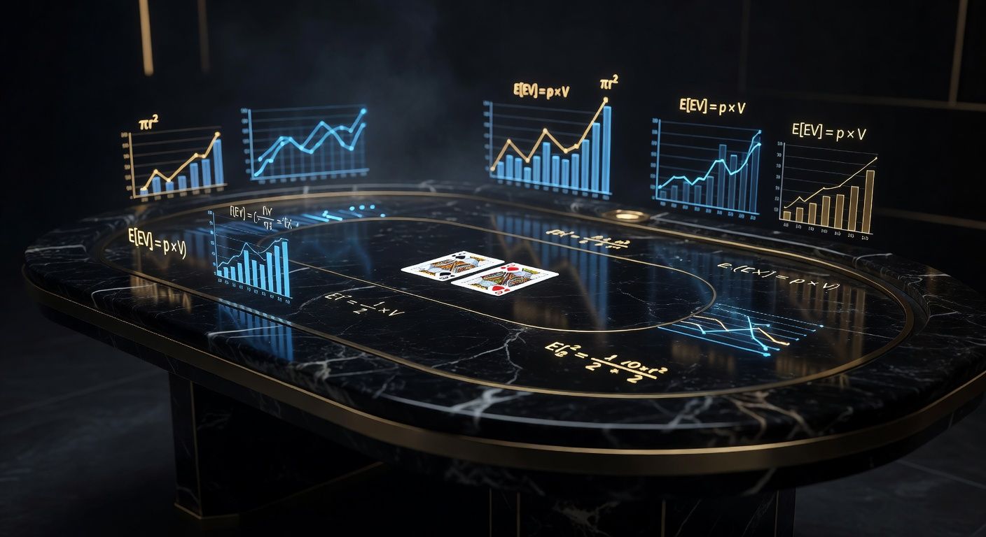 A sleek, high-end poker table with a pair of King cards face up, surrounded by glowing holographic data, charts, and mathematical overlays. Dark, moody lighting with neon blue and gold accents, emphasizing a highly analytical and professional approach to the game. No text, no logos.