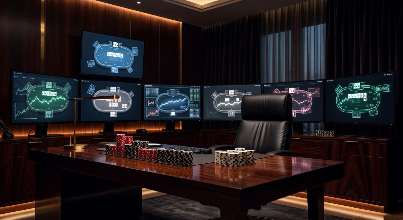 A luxurious, modern study room with a large mahogany desk, multiple high-end computer monitors displaying abstract poker table layouts and graphs. A sophisticated leather chair, ambient warm lighting, and premium casino chips stacked neatly on the desk. High-end cinematic photography, no text, no logos.