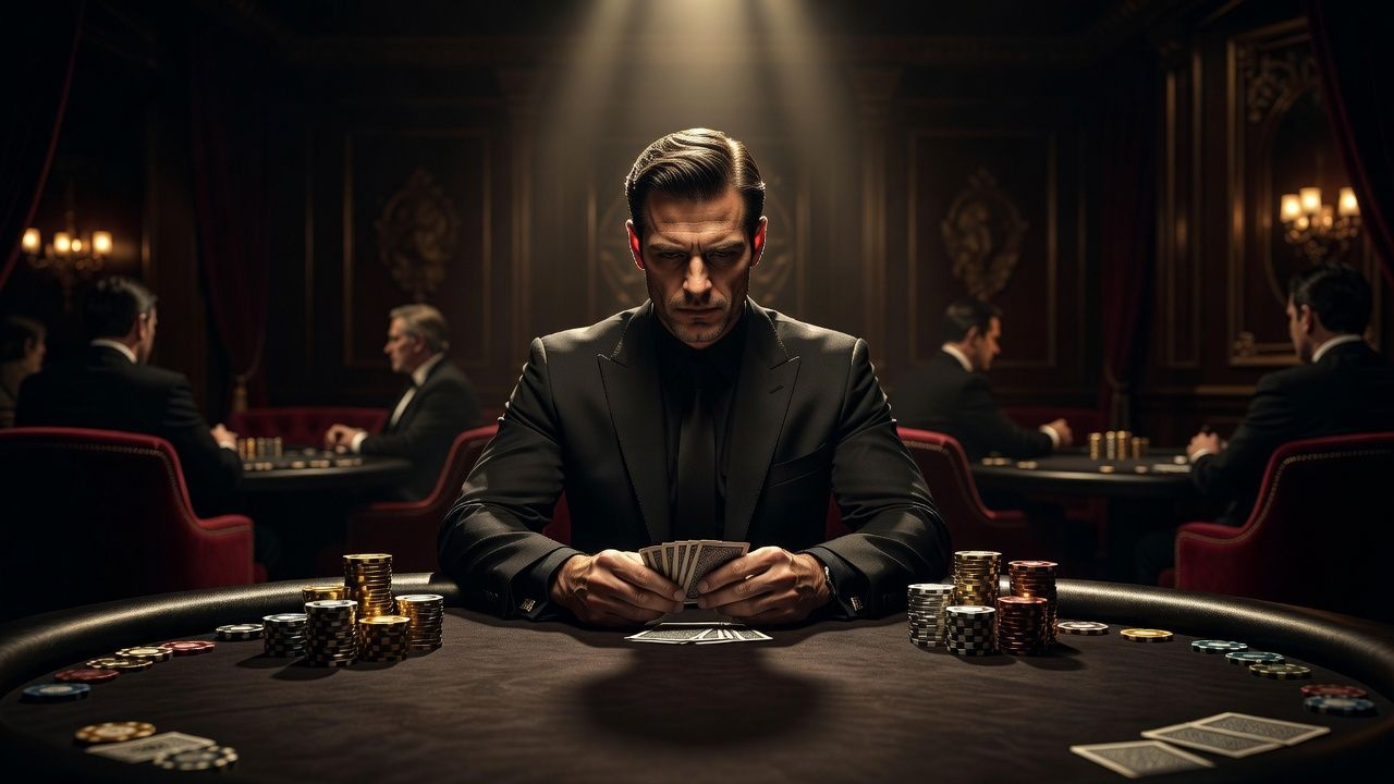 A moody and dramatic scene inside an exclusive high-stakes casino lounge. A stylish poker player sits at a dark felt table under warm overhead spotlighting, contemplating a hand with stacks of premium metallic chips nearby. Cinematic ambiance, moody shadows, luxurious atmosphere, no text, no logos.