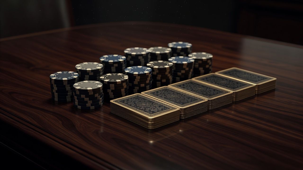 A refined, close-up shot of a clean, disciplined poker setup. Neatly stacked ceramic poker chips placed alongside a closed deck of gold-edged cards on a high-end dark wood table. Soft ambient lighting reflecting off metallic details, symbolizing calm control and strategy, photorealistic, cinematic style, no text, no logos.