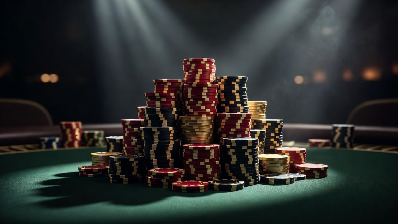 A dramatic close-up shot of a towering stack of high-value poker chips on dark green felt under intense TV studio lights, symbolizing a massive chip leader stack in a prestigious tournament, cinematic lighting, shallow depth of field.