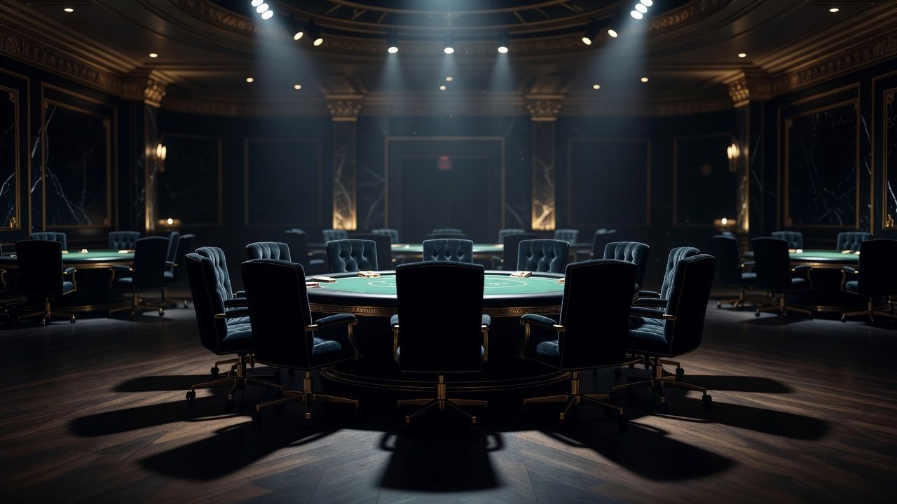 A wide atmospheric shot of a luxury poker <span class="glossary-term-inline" data-glossary-term="Final Table" data-glossary-def="Il tavolo finale di un torneo. Dove si decidono i premi veri.">final table</span> stage in a grand casino arena, bright overhead spotlighting casting dramatic shadows on empty velvet chairs, premium setup, no text or logos.