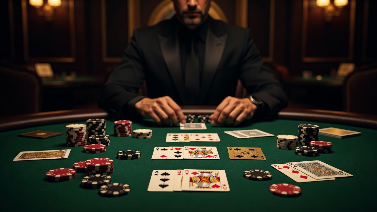 An elegant, high-end poker scene featuring a mix of different card arrangements, symbolizing <span class="glossary-term-inline" data-glossary-term="Mixed Games" data-glossary-def="Partite dove si cambiano diverse varianti di poker ogni tot mani.">mixed games</span>. Premium clay chips and gold-edged playing cards spread on a rich green baize under warm, sophisticated casino lighting. A blurred, focused player in a tailored <span class="glossary-term-inline" data-glossary-term="Suit" data-glossary-def="Il seme della carta (Cuori, Quadri, Fiori, Picche).">suit</span> in the background. No text, no logos.