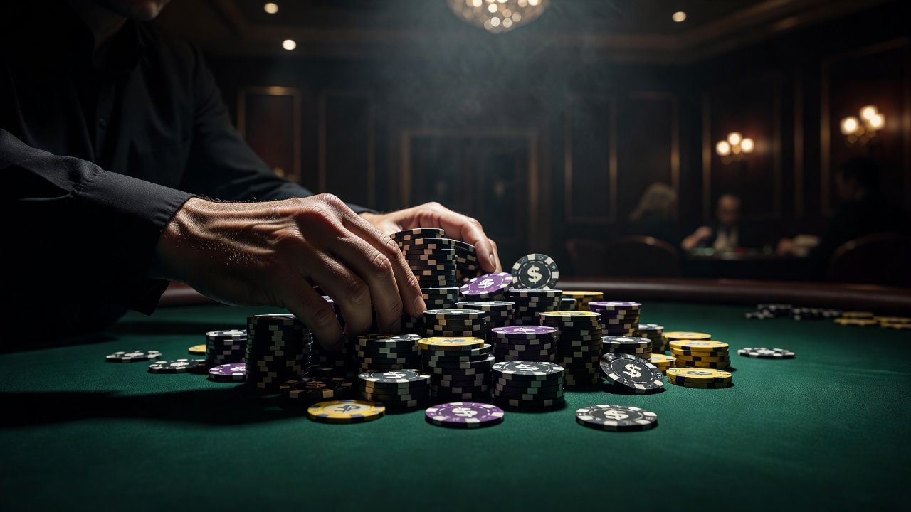 A close-up of a poker player's hands pulling a massive pile of high-denomination casino chips across a luxurious green felt table, symbolizing a scooped pot. Dramatic cinematic lighting, blurred background of an elegant casino room. No text, no logos.