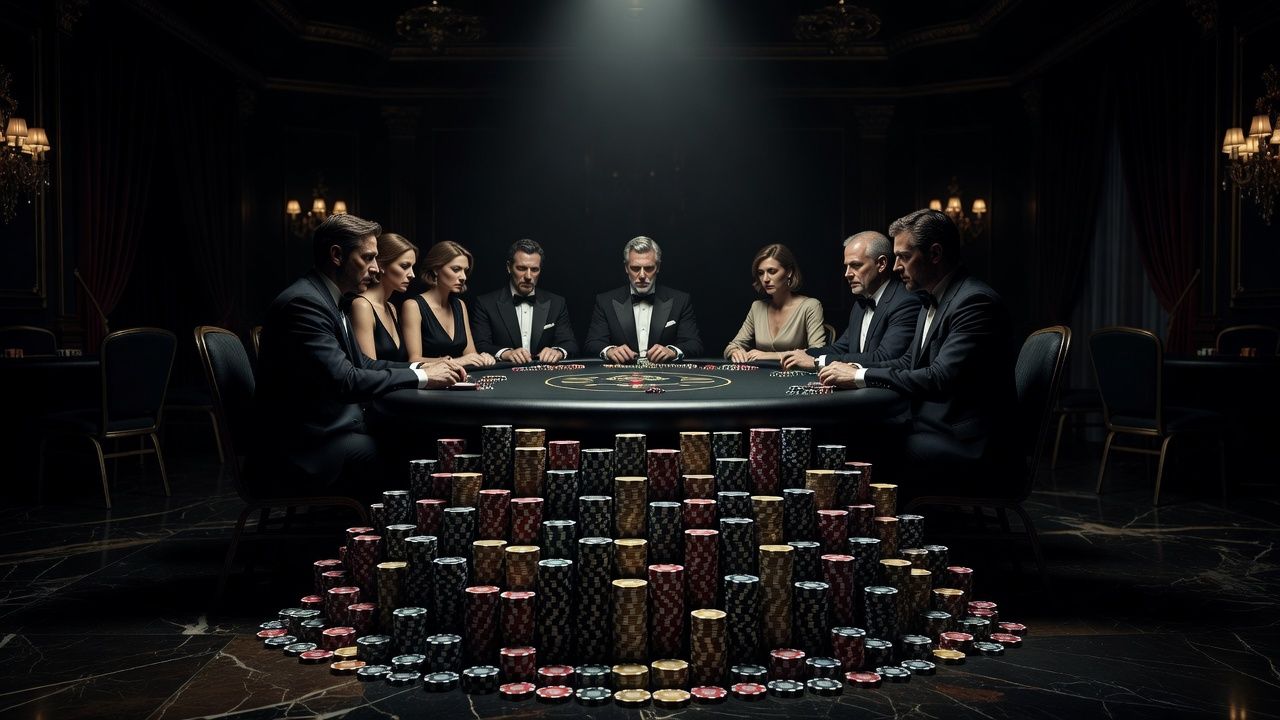 A dramatic wide shot of a luxurious poker <span class="glossary-term-inline" data-glossary-term="Final Table" data-glossary-def="Il tavolo finale di un torneo. Dove si decidono i premi veri.">final table</span> under a single bright spotlight. In the foreground, a towering, intimidating wall of casino chips. Deep shadows, tense and focused atmosphere, high-end casino environment. No text, no logos.