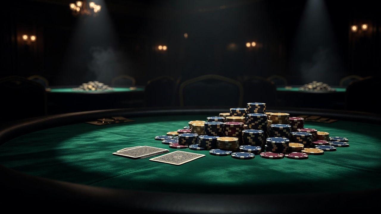 Close-up of a luxurious green poker table under dramatic spotlight, showing two face-down <span class="glossary-term-inline" data-glossary-term="Hole Cards" data-glossary-def="Le tue due carte coperte.">hole cards</span> next to a massive pile of high-denomination casino chips. Cinematic lighting, elegant high-stakes casino atmosphere, sharp focus on the chips, no text or logos.