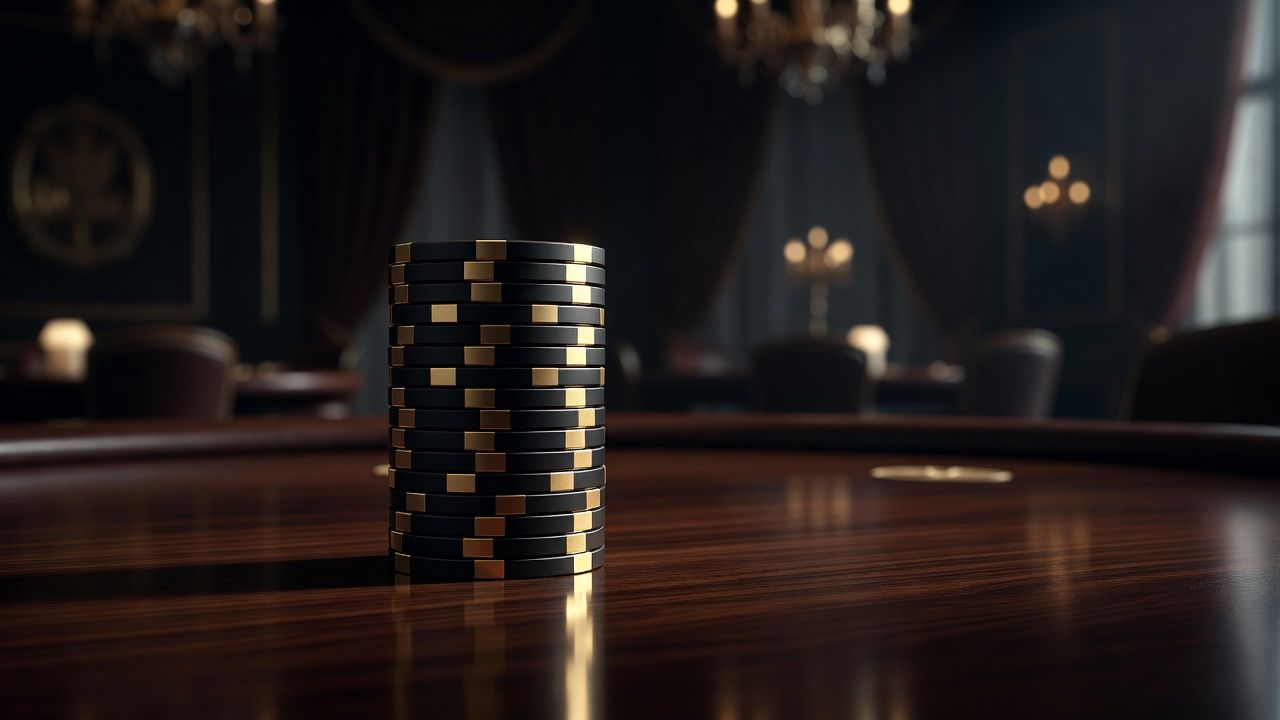 A sharply focused stack of premium black and gold poker chips resting on a polished mahogany table, with a blurred, elegant casino background. A subtle reflection on the wood conveys a sense of deep focus, calm, and luxury. Cinematic lighting, no text or logos.