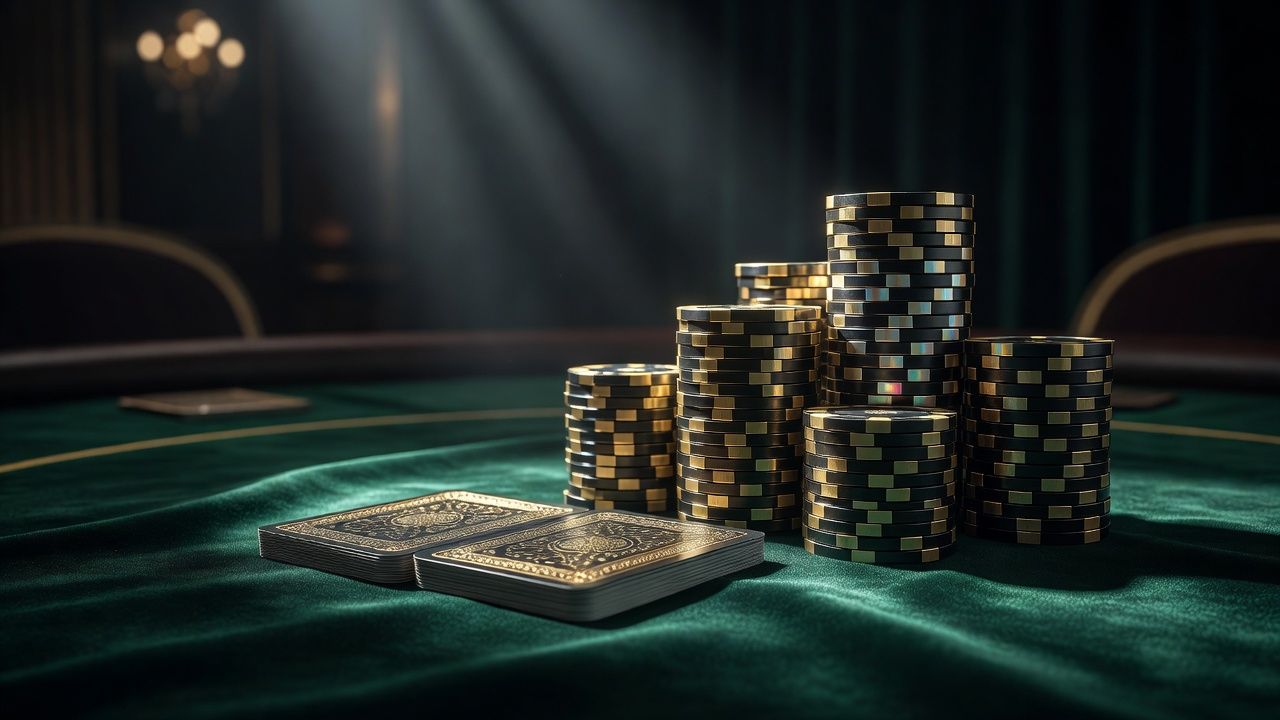 Close-up of a luxurious casino poker table with dramatic lighting. Two premium <span class="glossary-term-inline" data-glossary-term="Hole Cards" data-glossary-def="Le tue due carte coperte.">hole cards</span> face down next to a massive stack of high-denomination casino chips. The felt is a rich emerald green. Cinematic depth of field, tense and focused atmosphere, no text or logos.