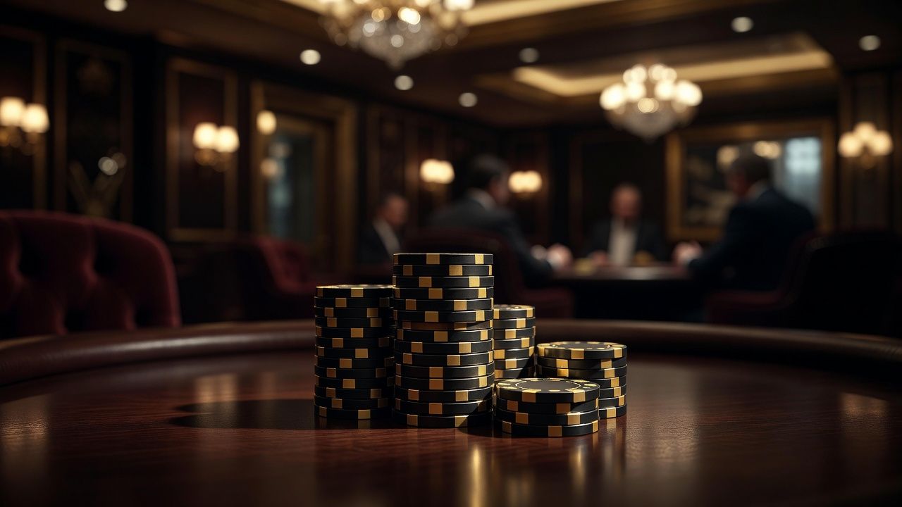A luxurious VIP casino room in Las Vegas blurred in the background. In sharp focus, a neat stack of golden and black high-roller poker chips reflecting warm, elegant lighting. Opulent, exclusive and wealthy atmosphere, no text or logos.