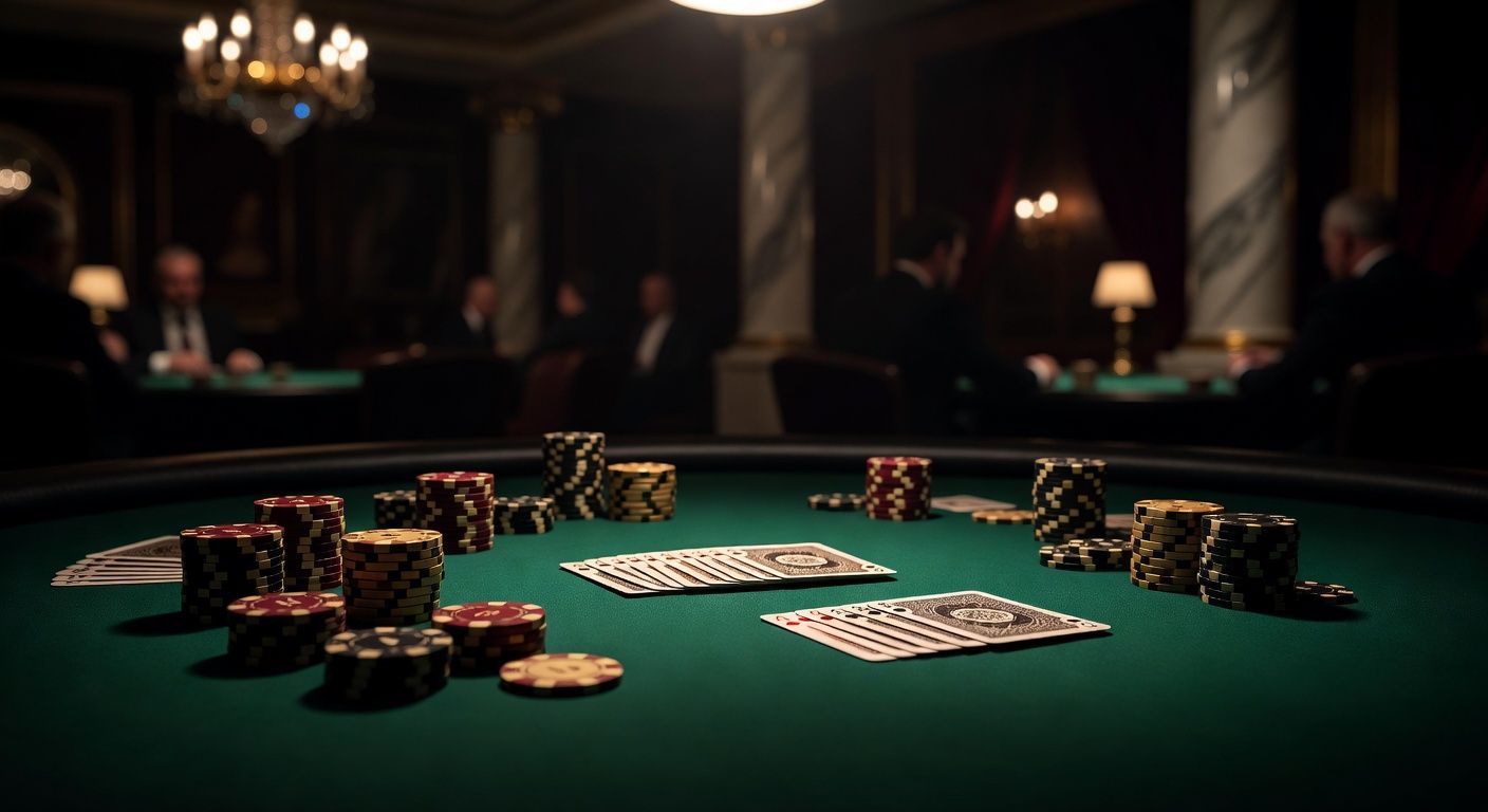 High-end luxury poker setting featuring heavy clay casino chips and premium playing cards on a pristine green felt table, dramatic cinematic lighting with a blurred elegant casino background, shallow depth of field, no text, no logos