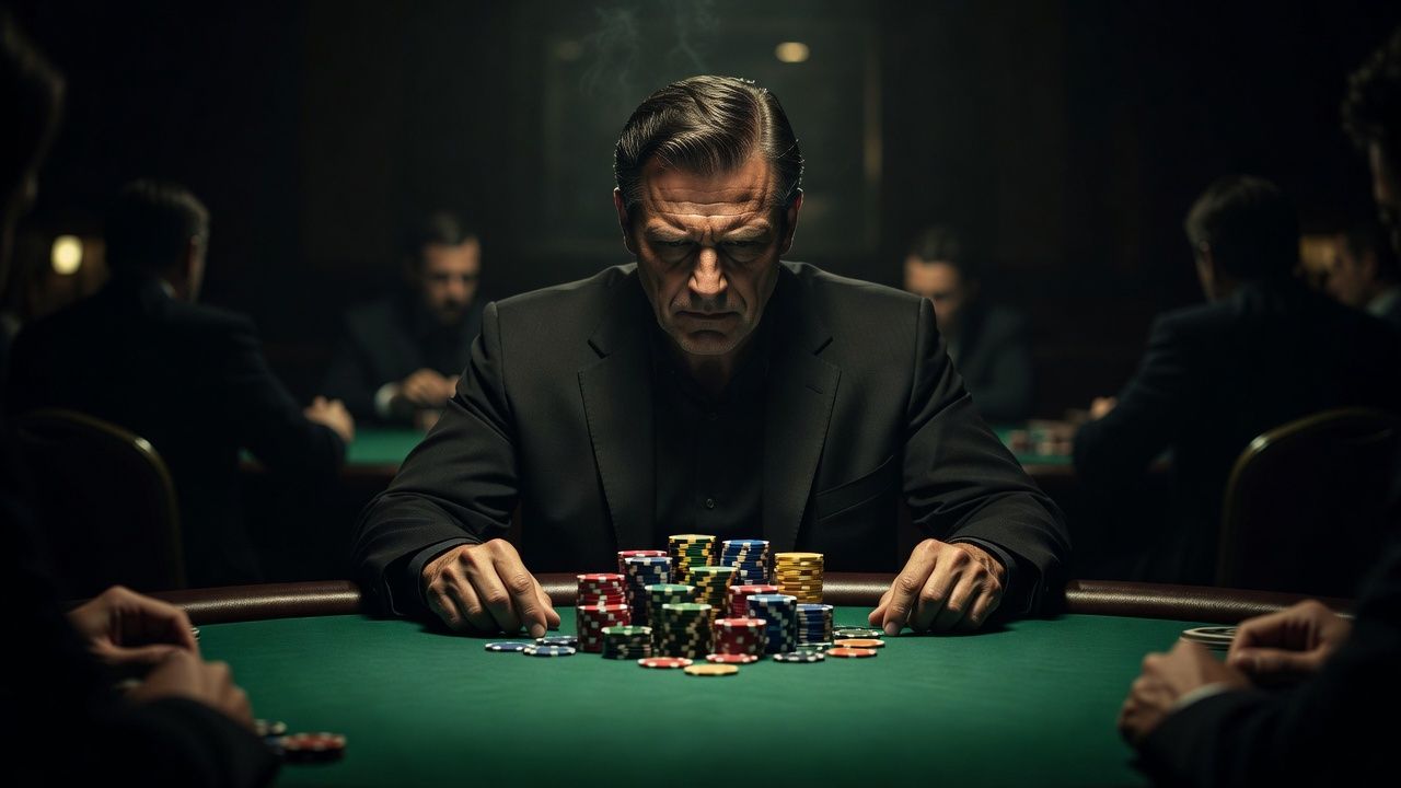 A cinematic close-up of a focused poker player seated at a luxury green felt table in a high-stakes tournament, deep in concentration, with stacked colorful casino chips and dark ambient lighting in the background, no text or logos.