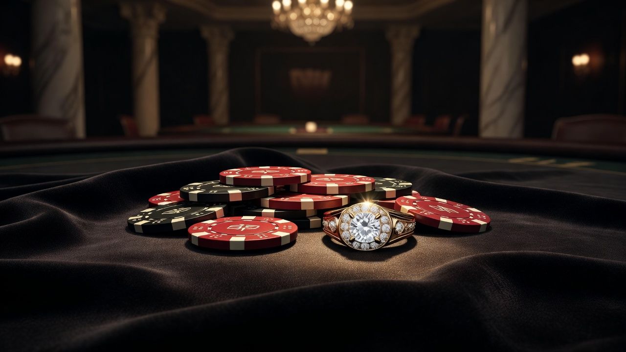 An elegant shot of a prestigious gold poker championship ring resting on a sleek dark velvet surface alongside high-value casino chips, warm dramatic spot lighting, luxury casino vibe, no text or brand logos.