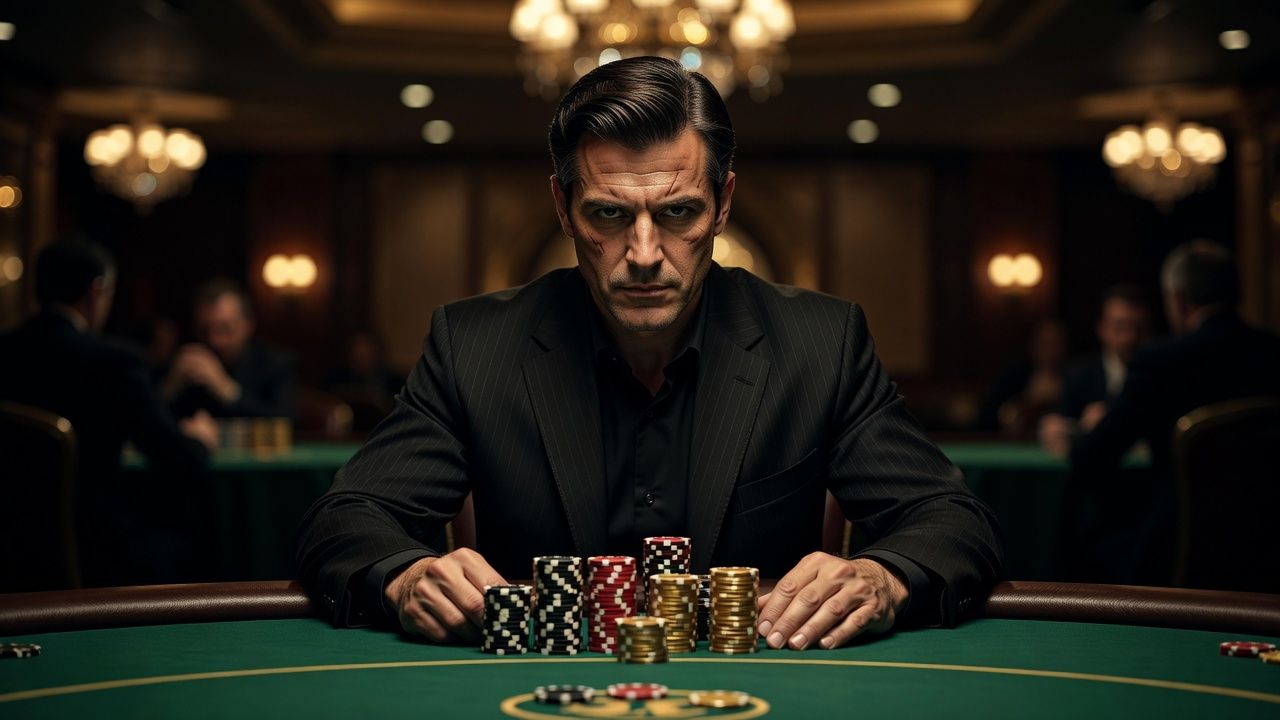 A sleek, cinematic shot of a professional poker player sitting at an exclusive casino table under moody lighting, focusing intensely with neat stacks of high-value chips on green felt. Luxurious tournament atmosphere with warm bokeh lights in the background. No text or logos.