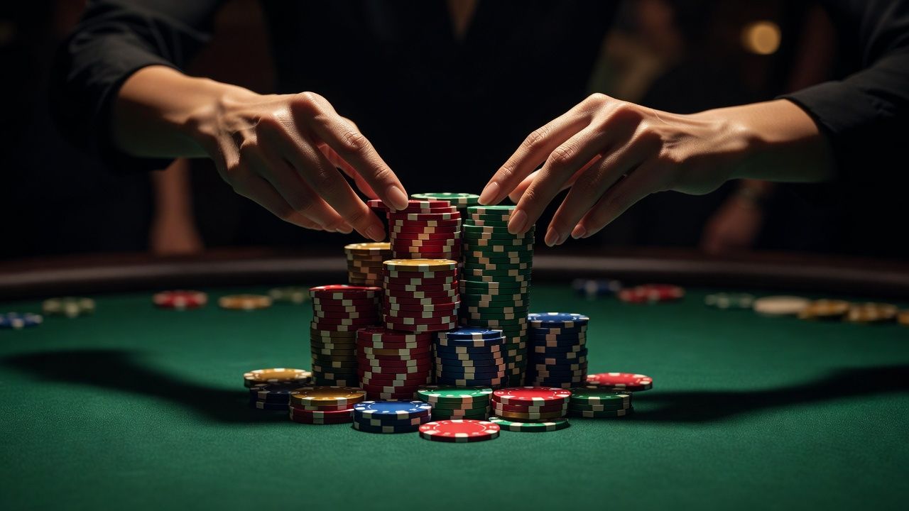 Close-up <span class="glossary-term-inline" data-glossary-term="Action" data-glossary-def="Il turno di gioco, o genericamente una partita movimentata ("c'è molta action a questo tavolo").">action</span> shot of elegant hands confidently sliding a large, impressive stack of colorful poker chips into the pot on a fine green felt table. High-contrast luxury aesthetic, dramatic shadows, crisp focus on the chip <span class="glossary-term-inline" data-glossary-term="Texture" data-glossary-def="Com'è "fatto" il board. Se le carte sono vicine e dello stesso colore, la texture è "pesante" o "bagnata".">texture</span>. No text or logos.