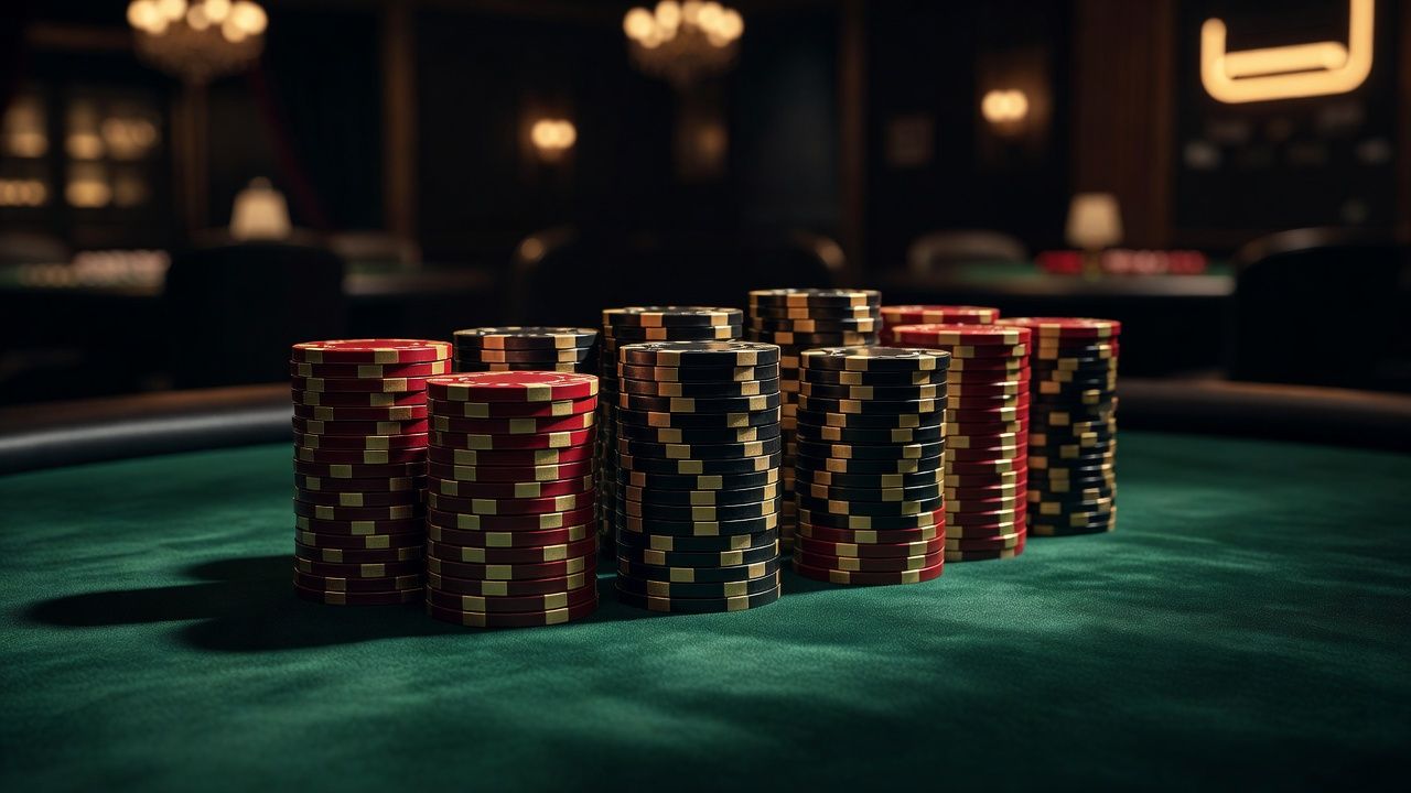 A close-up shot of elegant, high-quality casino poker chips stacked neatly on a luxurious green felt table, with a blurred background showing a dimly lit, high-end casino room. Cinematic lighting, rich colors, no text or logos.