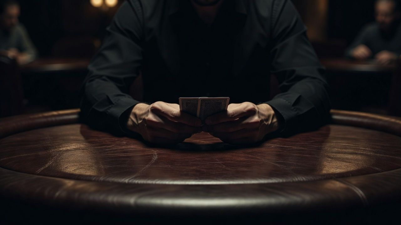 A cinematic, over-the-shoulder shot of a poker player's hands resting calmly on a premium leather-padded poker table, holding two face-down cards. Soft, moody lighting highlighting the luxurious texture of the table and the cards, conveying a sense of deep focus and mental clarity. No text or logos.