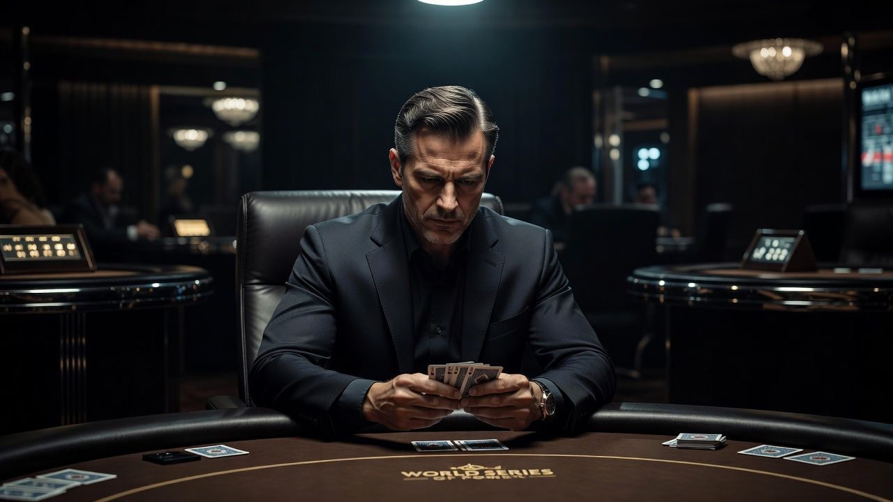 A professional poker player sitting at a high-stakes WSOP <span class="glossary-term-inline" data-glossary-term="Final Table" data-glossary-def="Il tavolo finale di un torneo. Dove si decidono i premi veri.">final table</span> under cinematic lighting, deep in thought while looking at his pocket cards, capturing intense mental focus in a sleek luxury casino setting.