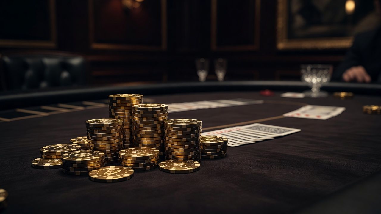 A close-up of high-value golden poker chips stacked neatly alongside playing cards on dark felt, with elegant ambient lighting in a high-end poker room atmosphere.