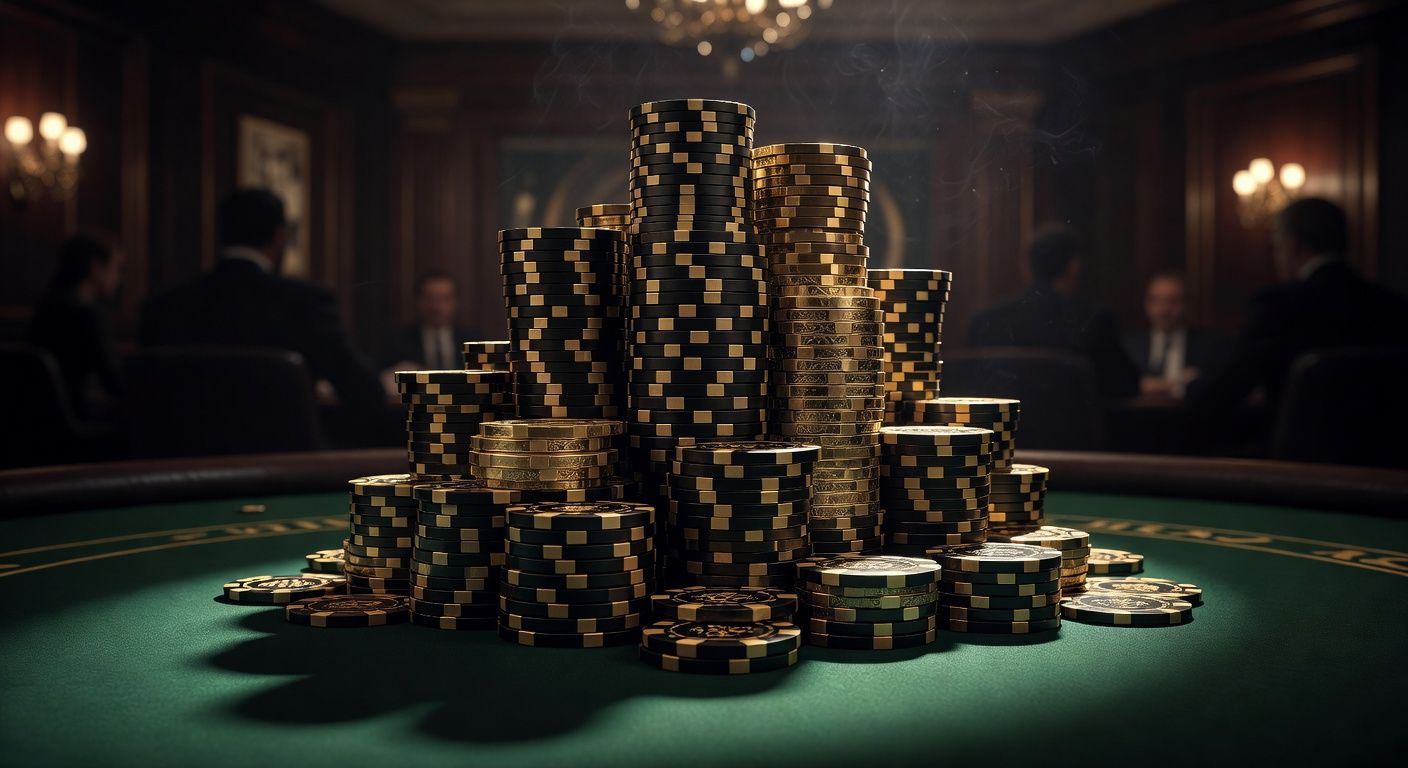 A dramatic, cinematic shot of a massive, towering stack of high-denomination casino chips on a luxurious green felt poker table. Soft, moody lighting highlighting the gold and black details of the chips, blurred high-end casino background, luxury poker atmosphere, no text or logos.