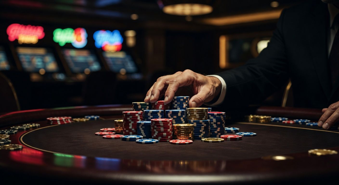 A close-up of a poker player's hands confidently pushing a large stack of chips into the center of a dark, elegant poker table. Vibrant, blurred lights of a Las Vegas casino in the background. Cinematic lighting, intense high-stakes atmosphere, luxury lifestyle, no text or logos.