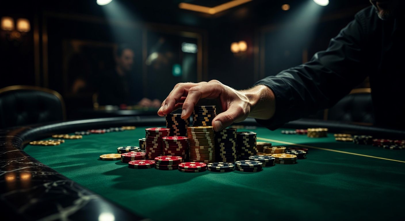 Close-up of a player's hand aggressively pushing two large stacks of high-denomination casino chips across a luxurious green felt poker table, dramatic casino lighting, blurred dealer in the background, cinematic luxury style, no text or logos.