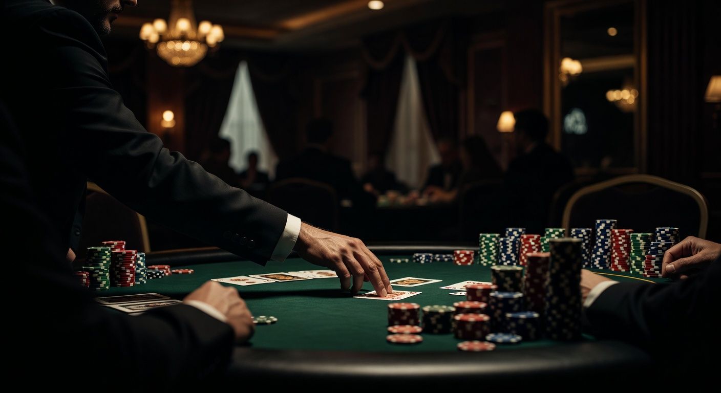 A tense poker moment showing a player's hand gently tapping the premium felt table to check, while the opponent in the blurred foreground holds a massive stack of chips ready to bet, moody and elegant Las Vegas casino atmosphere, high-end photography, no text or logos.