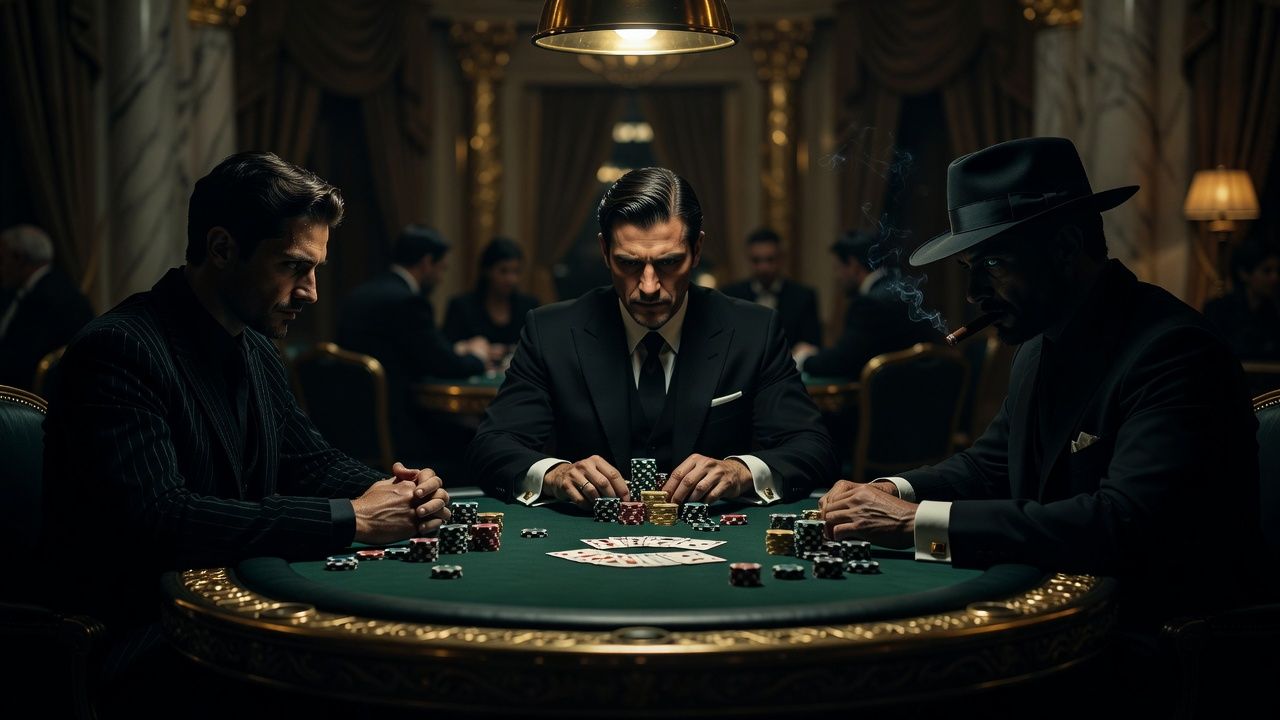 A dramatic, cinematic shot of a luxurious poker table under dim, moody lighting. Three shadowy, focused figures sit around the green felt, exuding an aura of intense concentration and intimidation. High-end casino environment, golden accents, blurred background, no text or logos.
