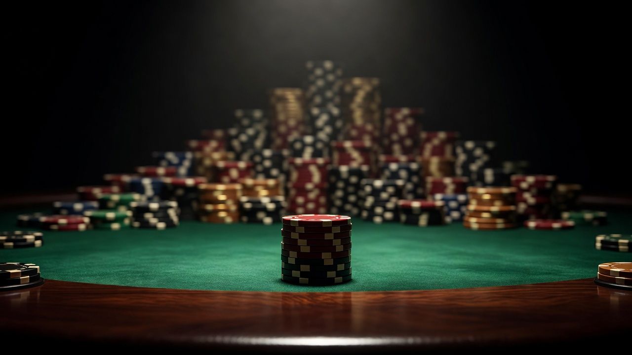 A close-up of a small, isolated stack of premium casino chips on a luxurious poker table, contrasting with massive chip mountains blurred in the background. Dramatic spotlighting, tense and psychological atmosphere, rich mahogany and green felt textures, no text or logos.