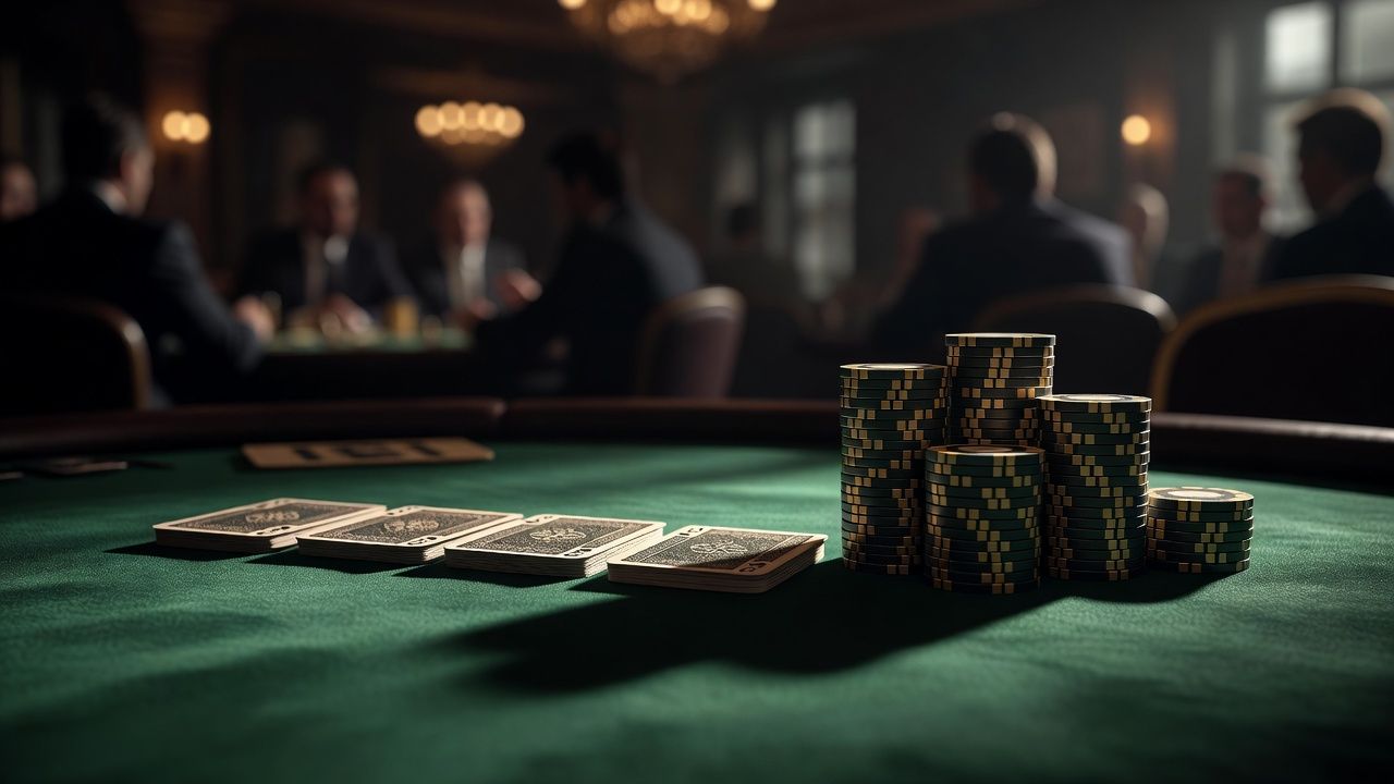 Close-up of a luxurious poker table with premium green felt, showing four <span class="glossary-term-inline" data-glossary-term="Hole Cards" data-glossary-def="Le tue due carte coperte.">hole cards</span> face down next to a massive stack of high-denomination casino chips, dramatic cinematic lighting, blurred background of a high-stakes casino room, no text or logos.