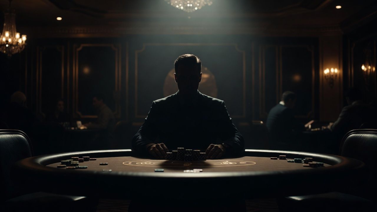 A silhouette of a professional poker player sitting calmly at a high-stakes table in a luxurious, dimly lit casino, conveying intense focus and stoicism amidst the tension, elegant atmosphere, cinematic lighting, no text or logos.