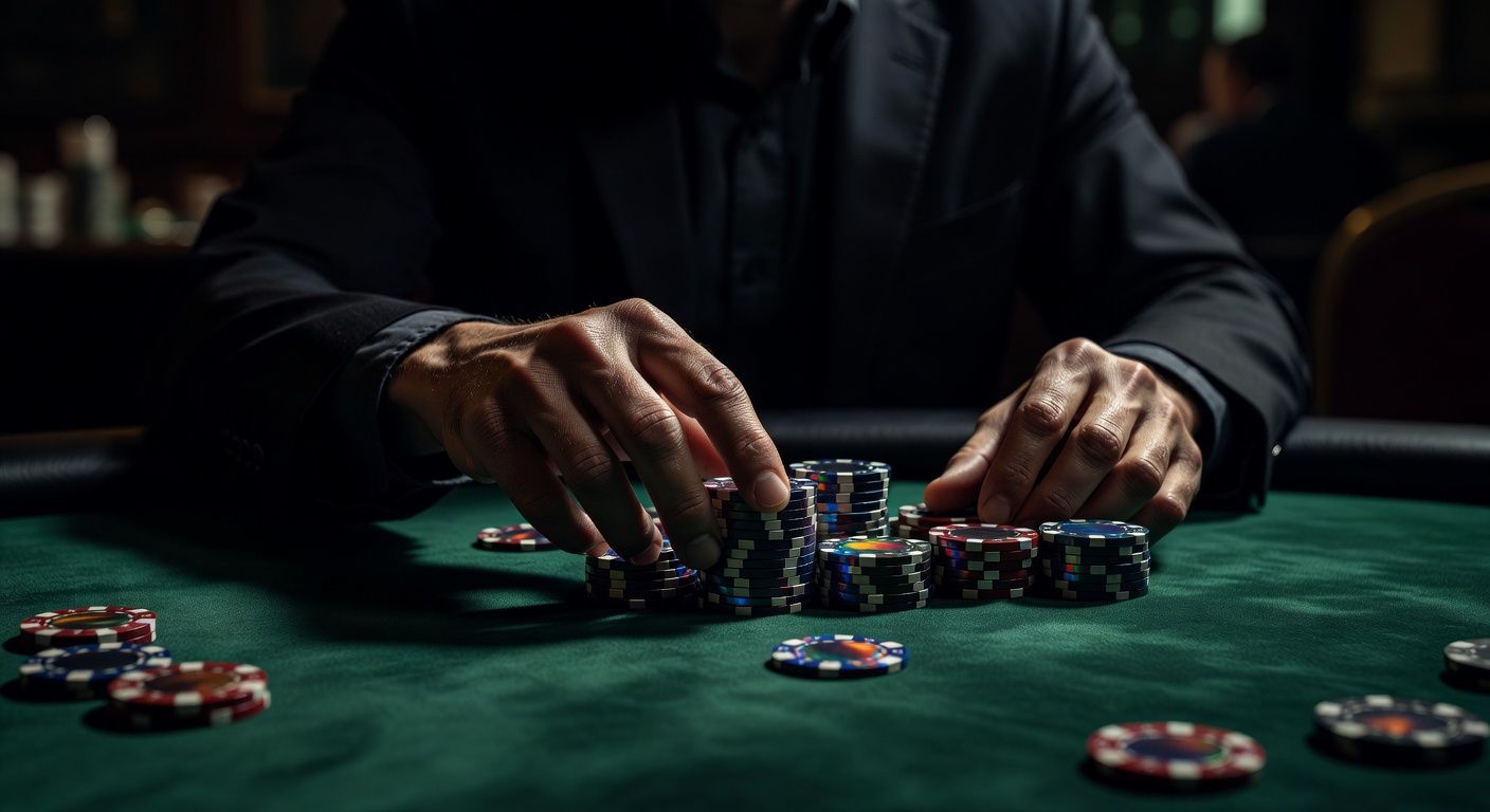 A close-up of a professional poker player's hands pushing a small but decisive stack of high-value casino chips forward on a luxurious green felt table, dramatic casino lighting, tense and strategic atmosphere, no text, no logos.