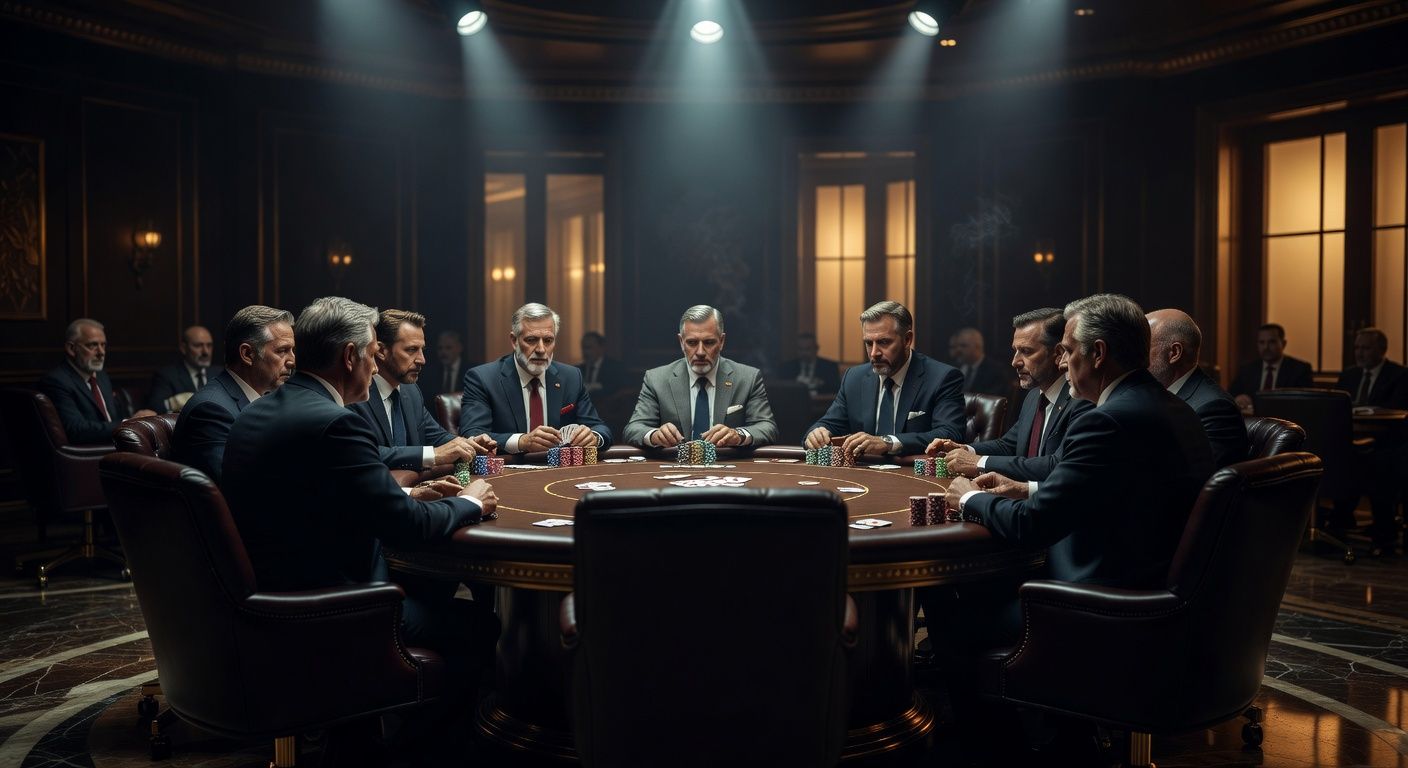 A grand <span class="glossary-term-inline" data-glossary-term="Final Table" data-glossary-def="Il tavolo finale di un torneo. Dove si decidono i premi veri.">final table</span> at a prestigious poker tournament, illuminated by dramatic overhead spotlights in a darkened luxury casino room, golden hour glow, elegant leather chairs, <span class="glossary-term-inline" data-glossary-term="High Stakes" data-glossary-def="I livelli alti, dove giocano i veri professionisti e girano cifre importanti.">high stakes</span> atmosphere, no text, no logos.