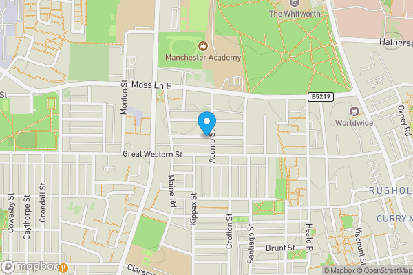 Map location for Ruskin Avenue, Rusholme, Manchester, M14