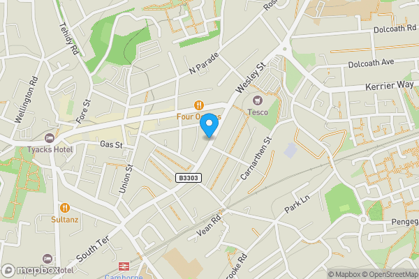 Map location for 25 Centenary Street, Camborne, Cornwall TR14 8HP