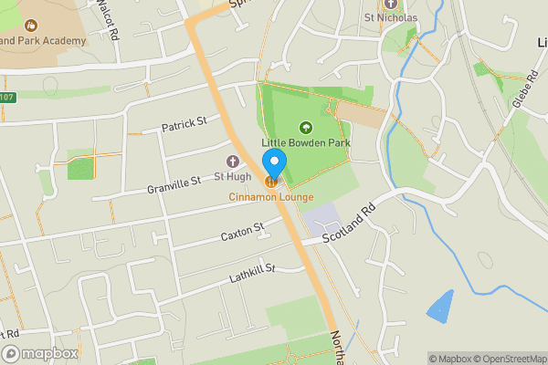 Map location for Cinammon Lounge, 127 Northampton Road, Market Harborough, Leicestershire, LE16 9HD