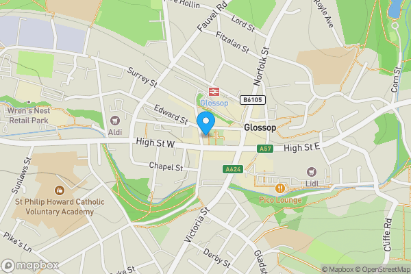 Map location for The Old Co-Op Building, Norfolk Square, Glossop, Derbyshire SK13 8BP