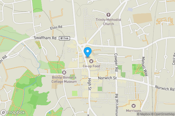 Map location for Land rear of 35 Market Place, Dereham, Norfolk NR19 2AP