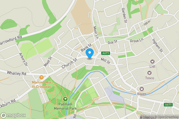 Map location for 13A Church Street, Padiham, Burnley, Lancashire, BB12 8HF