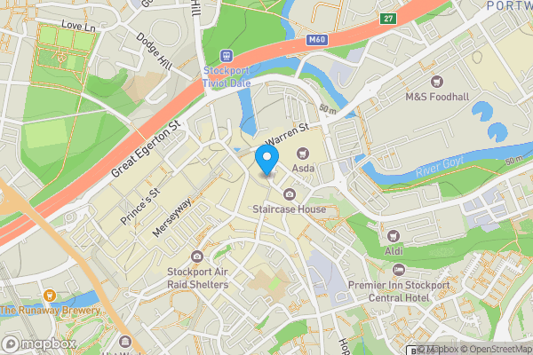 Map location for 17-21 & 23 Bridge Street, And 1-3 & 5-15 Castle Yard, Stockport, Cheshire, SK1 1XY