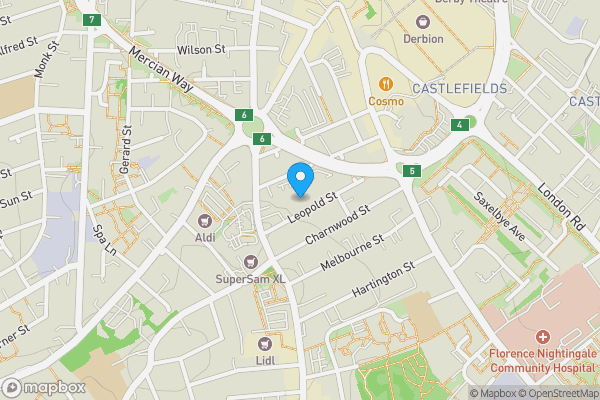 Map location for 12 Leopold Street, Derby, Derbyshire DE1 2HE