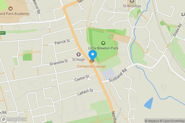 Map location for Cinammon Lounge, 127 Northampton Road, Market Harborough, Leicestershire, LE16 9HD