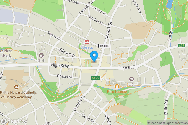 Map location for The Old Co-Op Building, Norfolk Square, Glossop, Derbyshire SK13 8BP