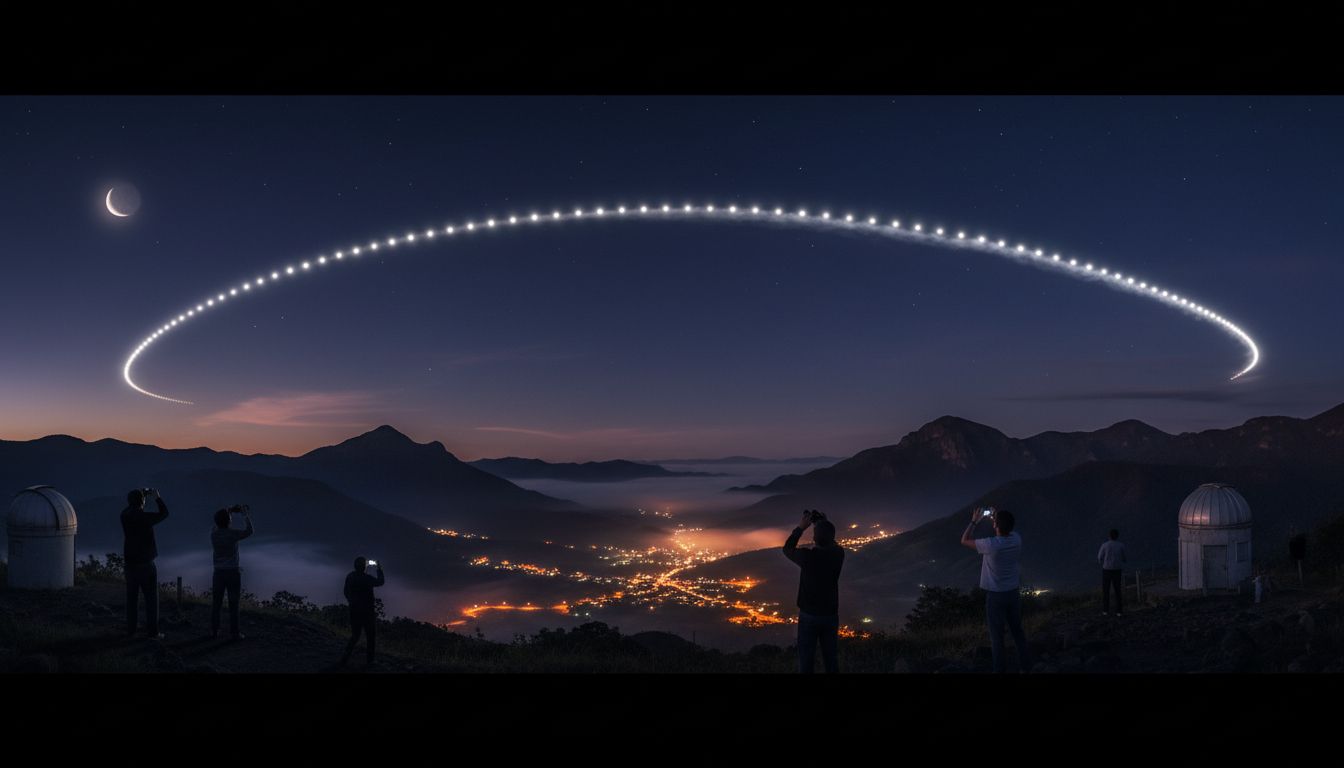 "Satellite train" Starlink may cross the Brazilian sky as a line of moving lights, surprising residents who mistake the phenomenon for UFOs shortly after new SpaceX launches. - CPG Click Petróleo e Gás