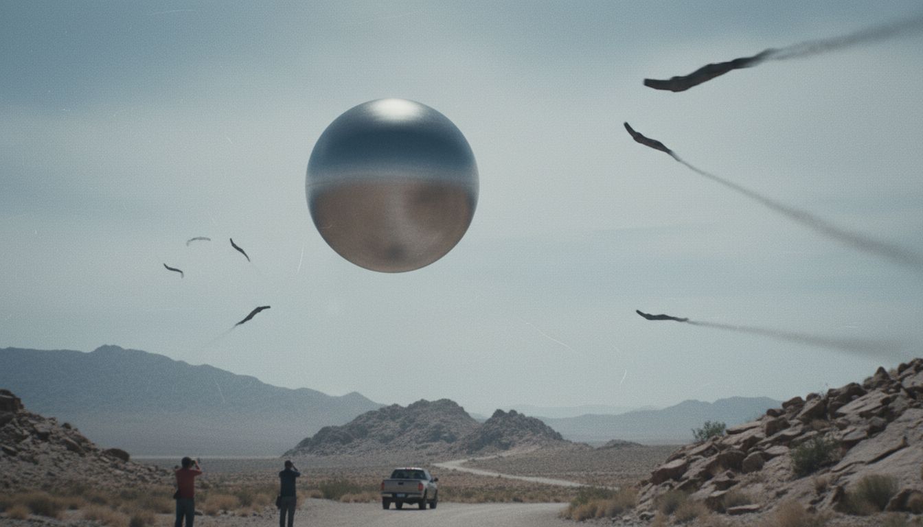 UFO/UAP sphere observed ascending with associated fast-moving objects