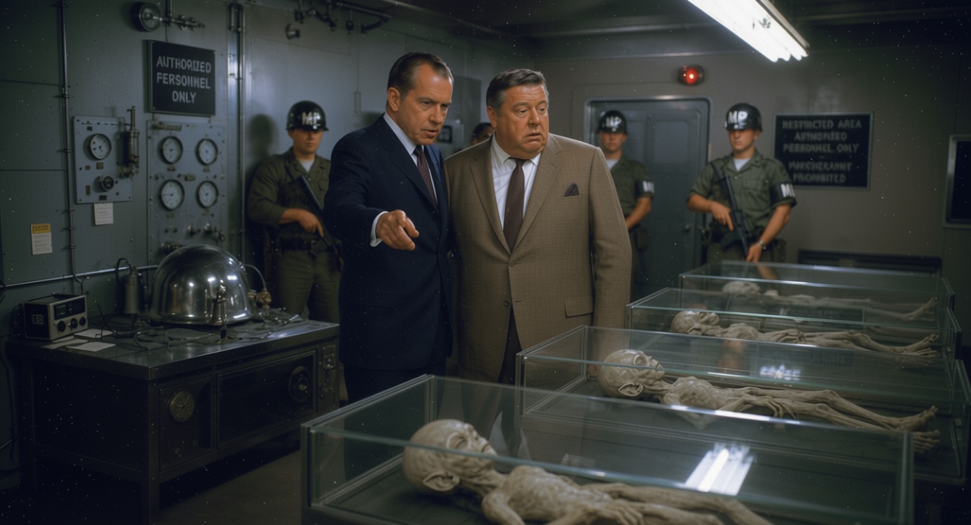 Richard Nixon and Jackie Gleason in an alleged alien-bodies encounter