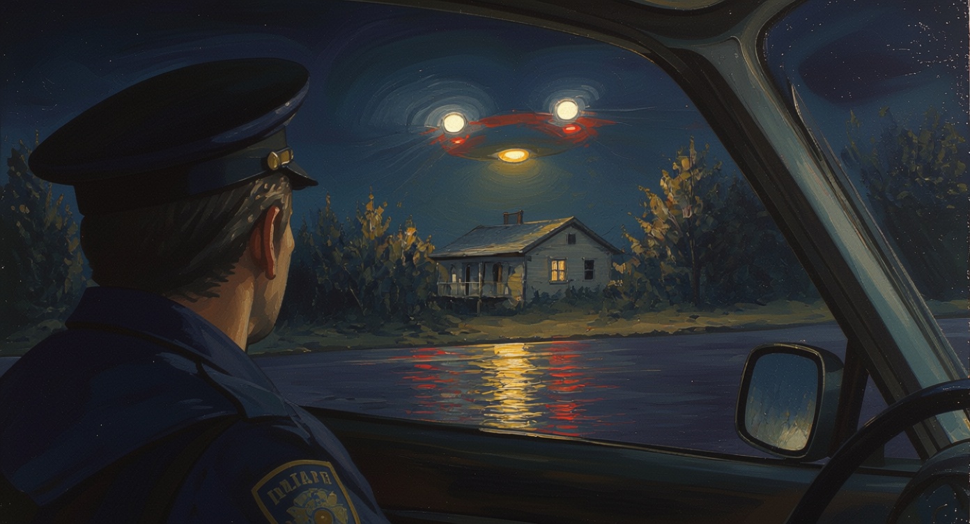 Police officer reports alleged 75-foot circular UFO hovering over house
