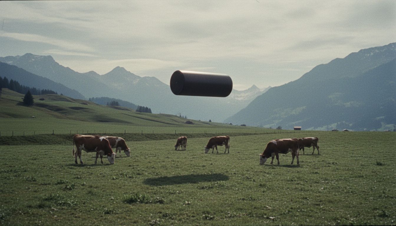 Video appears to show a dark cylindrical object over a Swiss cow pasture