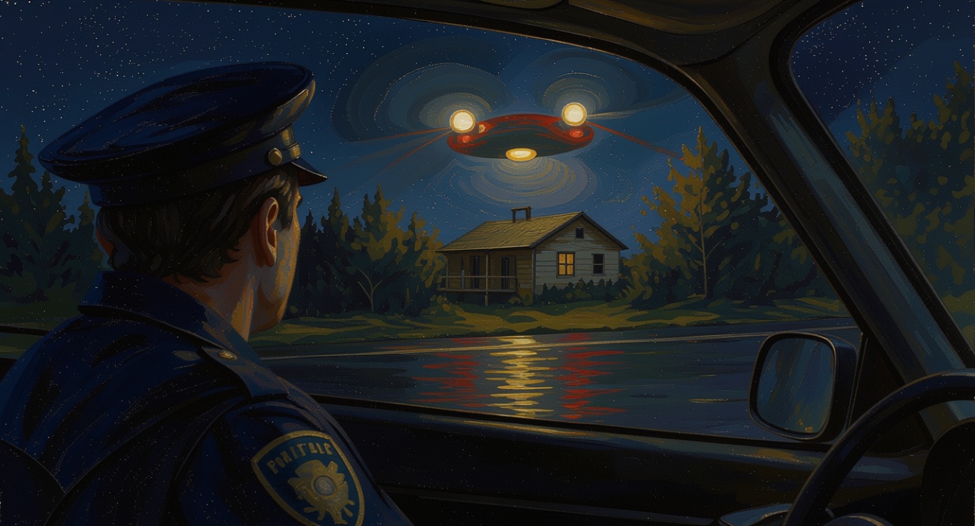 Police officer witnesses 75-foot, circular UFO hover silently over house