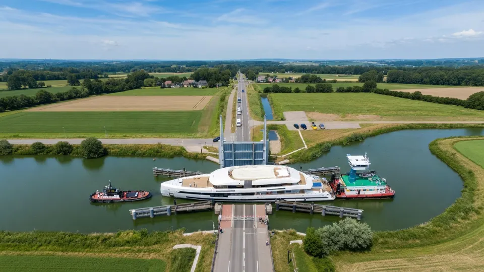 Superjacht Project Setteesettanta vaart met sleepboten door de sluis bij Macharen